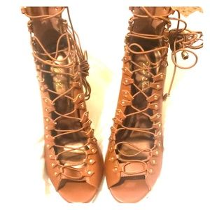 Brown Lace Up Peep Toe Heels